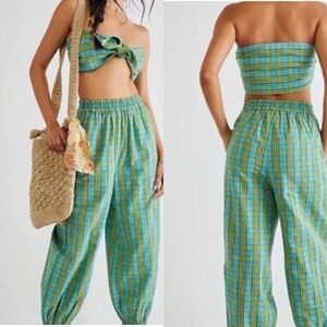 Free People Ticket to Paradise Matching Set Plaid Strapless Cropped Jogger Small